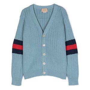 Áo Cardigan Nữ Gucci Kids Rib Cotton 764115XKDRX4711 Màu Xanh Kẻ Size 12Y - Duy Hoang