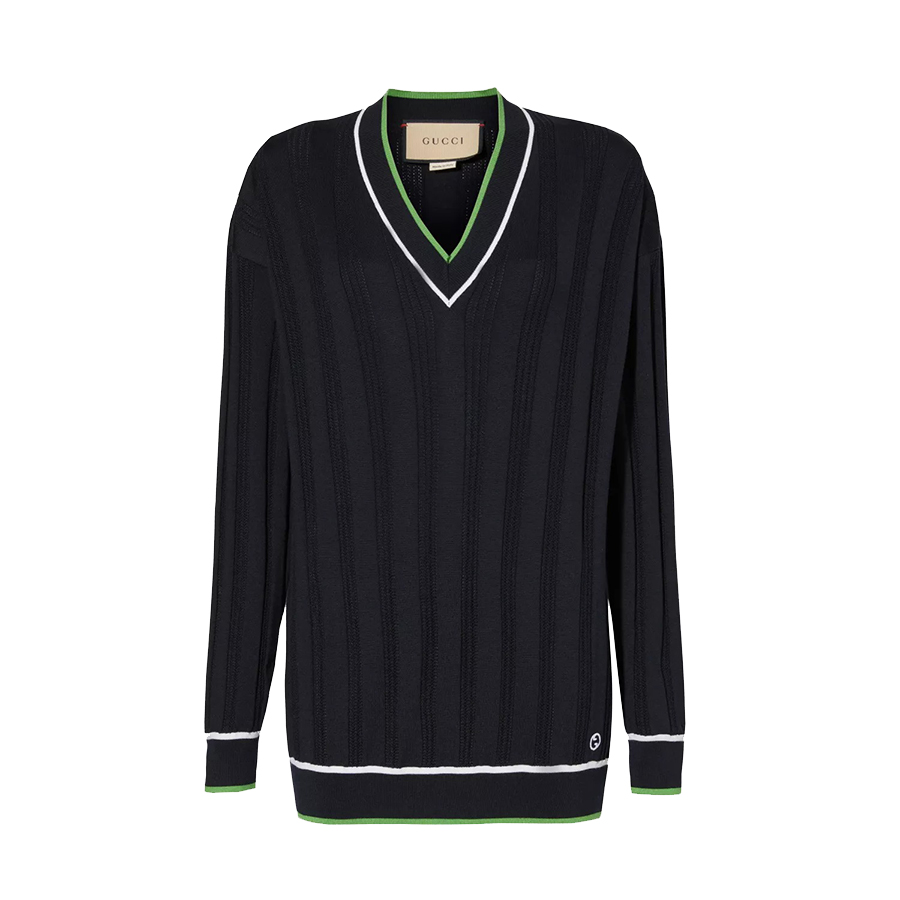 Áo Len Nữ Gucci Brand-Embroidered V-Neck Relaxed-Fit Wool-Blend Knitted Top Màu Xanh Đen Size S - Duy Hoang