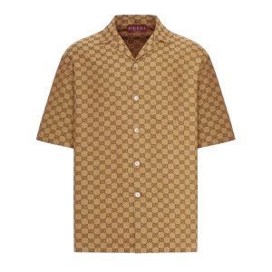 Áo Sơ Mi Nam Gucci Jacquard Vacation Linen Blend Canvas In Camel And Ebony 742707 ZAM7G 2580 Màu Nâu Size 44 - Duy Hoang