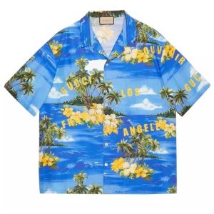 Áo Sơ Mi Nam Gucci Printed Hawaiian Poplin Los Angeles Palm Tree Bowling Shirt Màu Xanh - Vàng Size XS - Duy Hoang