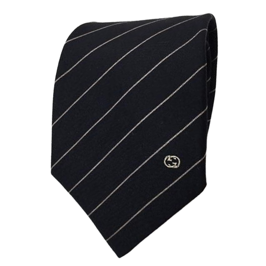 Cà Vạt Gucci Tie Sire Gold Tone Interlocking G Pattern Striped Black Narrow Tie 547302 4E002 1079 Màu Xanh Đen - Duy Hoang