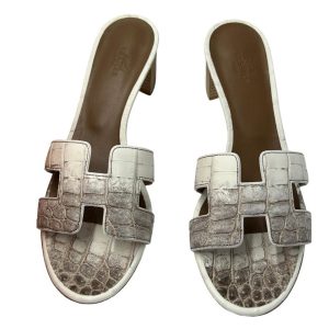 Dép Cao Gót Nữ Hermès Sandales Oasis En Crocodile Himalaya De Màu Trắng Nâu Size 37.5 - Duy Hoang