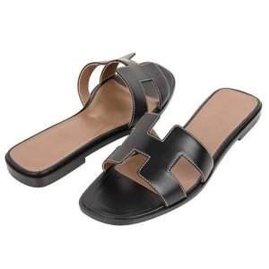 Dép Hermès Flat Oran Sandal Black Calfskin Màu Đen Nâu Size 35 - Duy Hoang