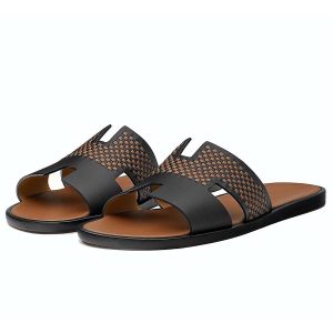 Dép Hermès Logo Plain Leather Sandals Màu Đen Nâu Size 39.5 - Duy Hoang