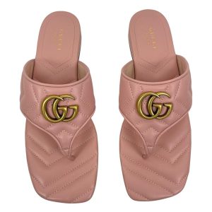 Dép Nữ Gucci GG Logo Marmont Leather Thong Flat Sandals Pink Màu Hồng Size 35 - Duy Hoang