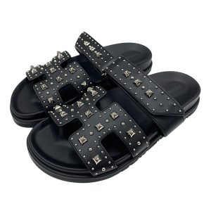 Dép Nữ Hermès Chypre Leather Studded Flat Sandals Black Màu Đen Size 36 - Duy Hoang
