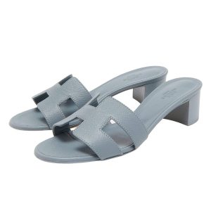 Dép Nữ Hermès Grey Leather Oasis Slide Sandals Màu Xám Xanh Size 38 - Duy Hoang