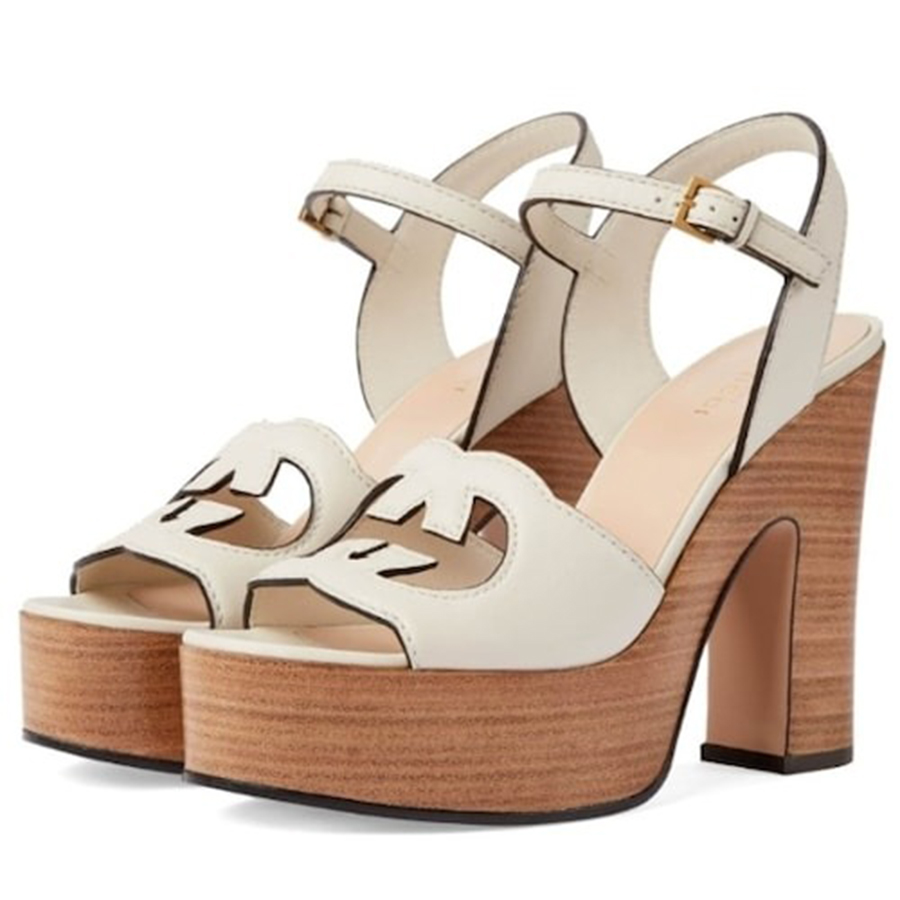 Giày Cao Gót Nữ Gucci Interlocking GG Leather Cream Sandals 730022 US000 9022 Màu Trắng Nâu Size 35 - Duy Hoang