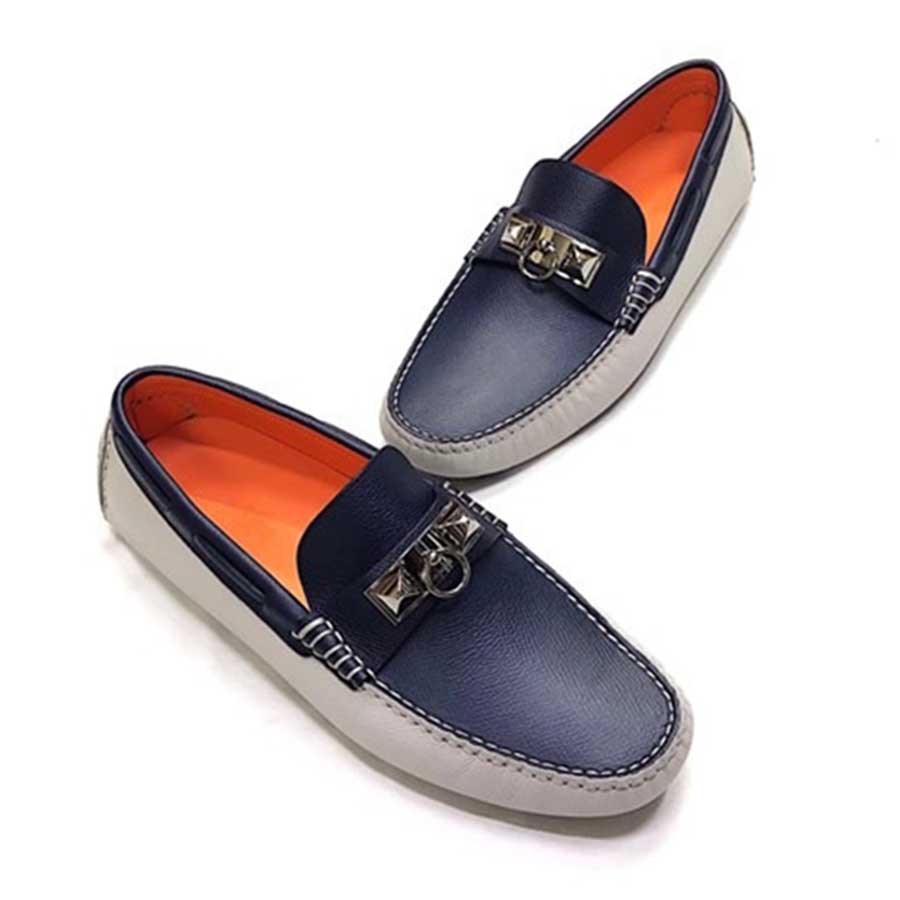 Giày Lười Nam Hermès Mocca Taiga Màu Xanh Navy Cạnh Ghi Size 42 - Duy Hoang