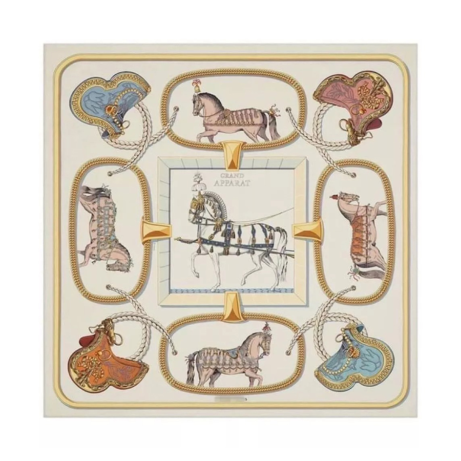 Khăn Nữ Hermès Carre 90 Scarf Grand Apparat Scarves Wraps Màu Kem Họa Tiết - Duy Hoang