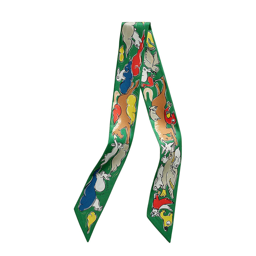 Khăn Nữ Hermès Mille Et Un Lapins Twilly Émeraude / Jaune / Rouge Màu Xanh Green - Duy Hoang