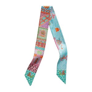 Khăn Nữ Hermès Super Silk Quest Twilly Rose / Turquoise / Orange Màu Xanh Cam - Duy Hoang