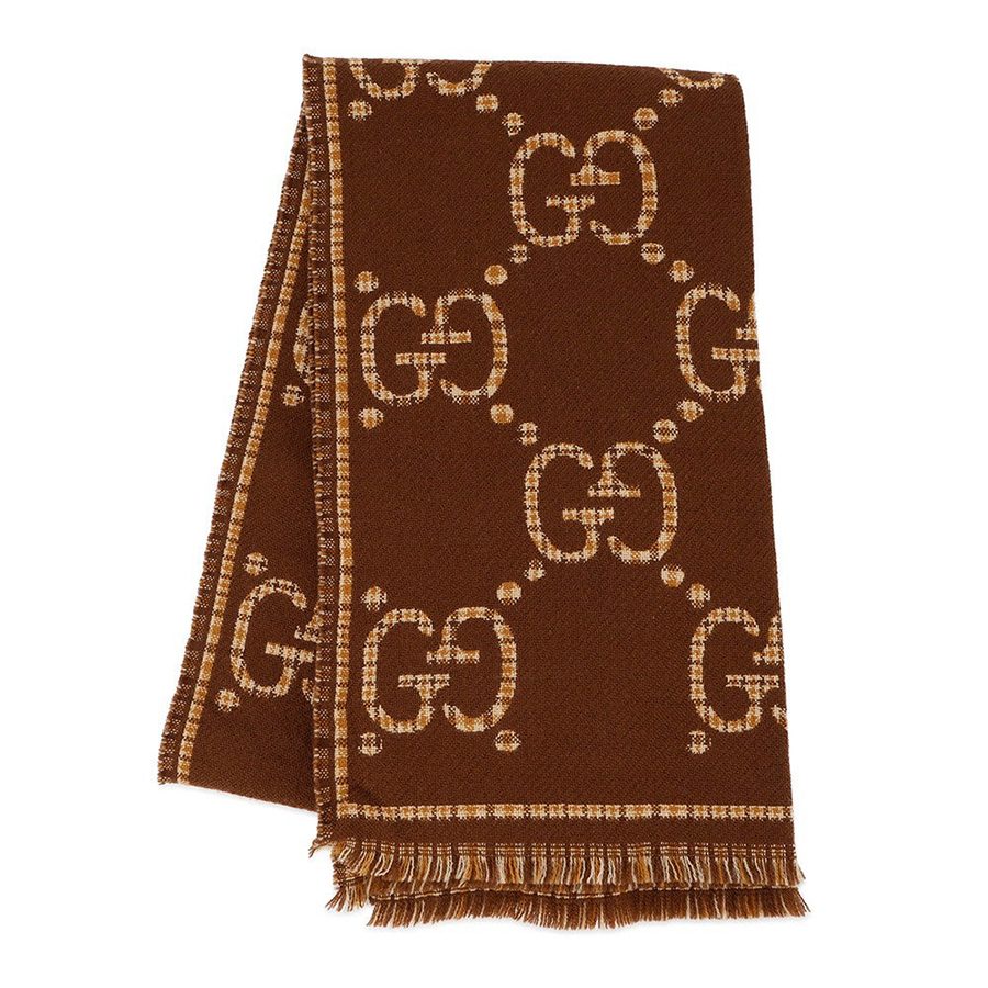 Khăn Quàng Cổ Gucci Check GG Wool Jacquard Scarf Brown Màu Nâu - Duy Hoang