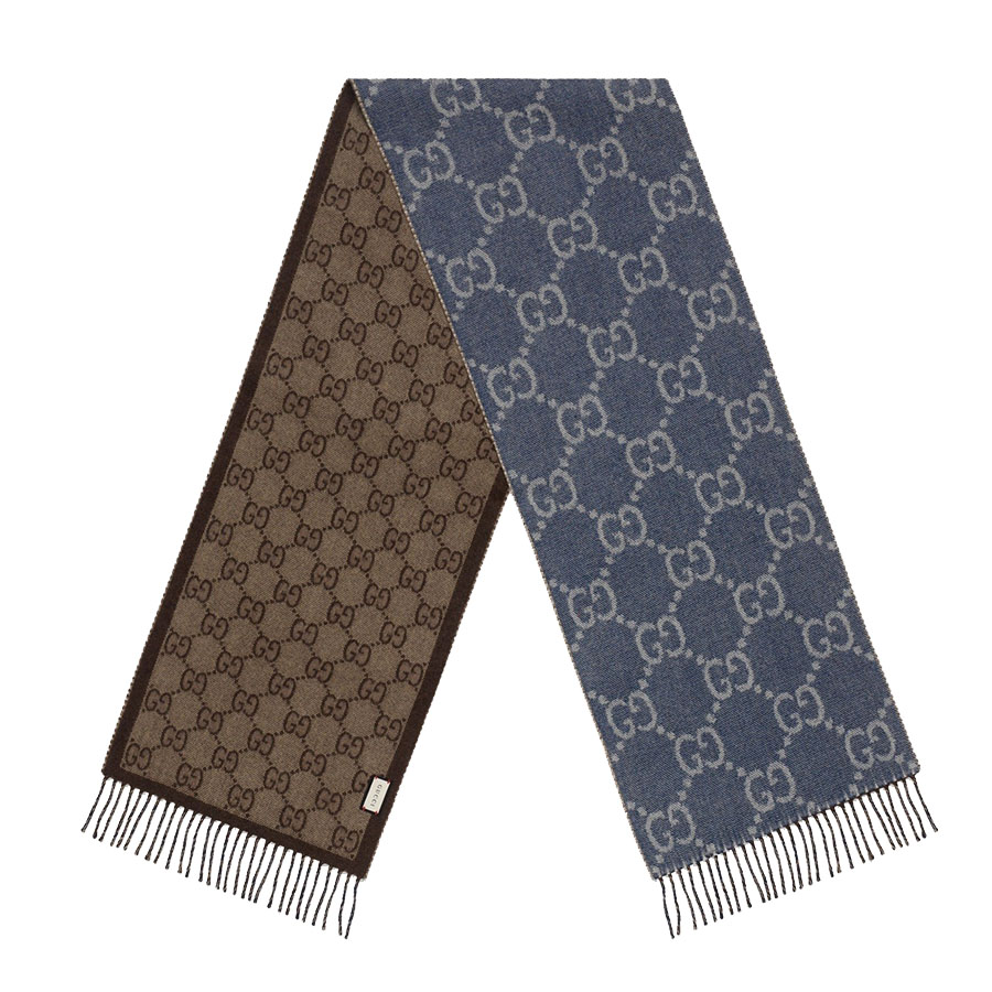 Khăn Quàng Cổ Gucci GG Jacquard Knit Scarf Tassels 676610-3G200-4165 Màu Navy/Nâu - Duy Hoang