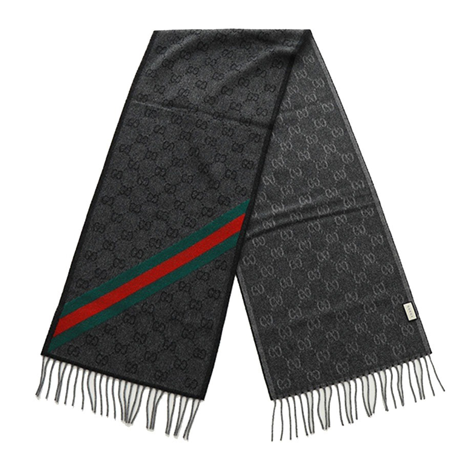 Khăn Quàng Cổ Gucci GG Web Wool Scarf 570603 3G200 1466 Màu Xám Đen - Duy Hoang