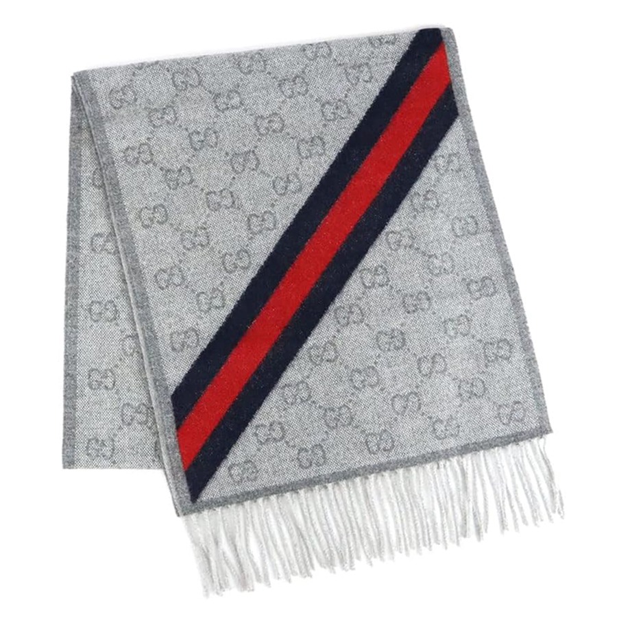 Khăn Quàng Cổ Gucci Logo GG Web Wool Scarf 570603 3G200 1768 Màu Xám Nhạt - Duy Hoang
