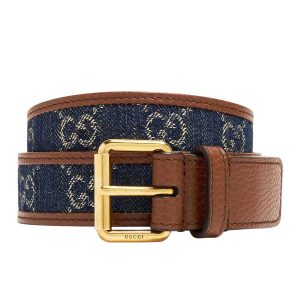 Thắt Lưng Gucci Pre-Loved GG Jacquard Leather Belt Màu Xanh Phối Nâu Size 75 - Duy Hoang