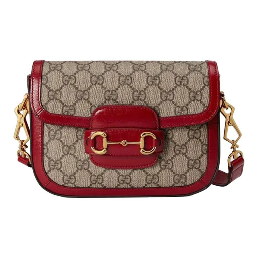 Túi Đeo Chéo Nữ Gucci Horsebit 1955 Canvas With Leather Saddle Crossbody Bag Mini Ebony/Red Màu Nâu Đỏ - Duy Hoang