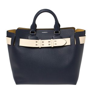 Túi Tote Nữ Burberry Blue/Beige Grained Leather Medium Belted Màu Xanh Navy - Duy Hoang