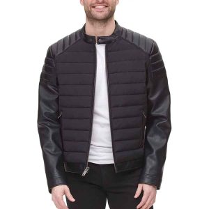 Áo Khoác Da Nam DKNY Mixed Media Faux Leather Puffer Motocros Racer Jacket Màu Đen - Duy Hoang