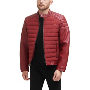 Áo Khoác Da Nam DKNY Mixed Media Faux Leather Puffer Motocros Racer Jacket Màu Đỏ - Duy Hoang