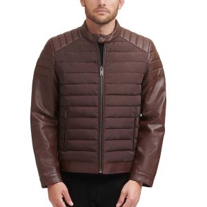 Áo Khoác Da Nam DKNY Mixed Media Faux Leather Puffer Motocros Racer Jacket Màu Nâu - Duy Hoang