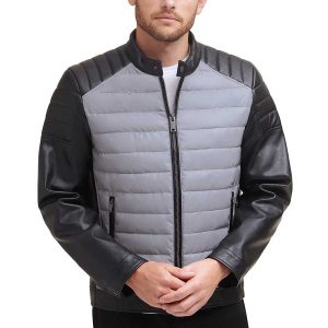 Áo Khoác Da Nam DKNY Mixed Media Faux Leather Puffer Motocros Racer Jacket Màu Xám Đen - Duy Hoang