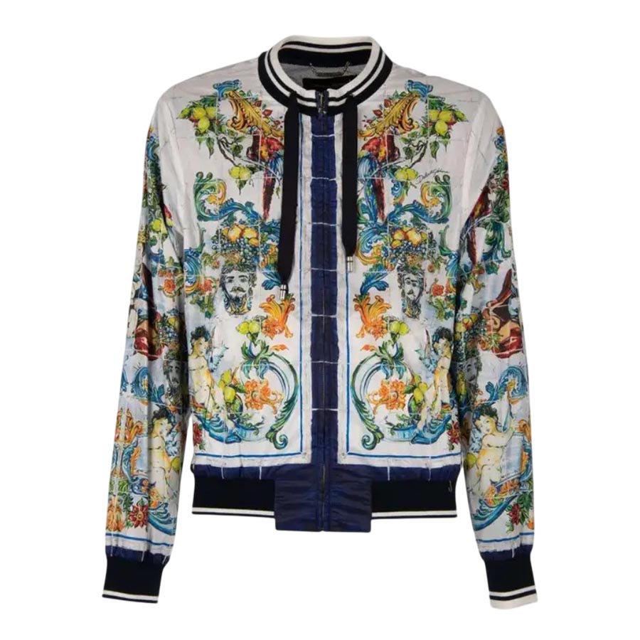 Áo Khoác Nam Dolce & Gabbana D&G Majolica Baroque Printed Nylon Bomber Blue White G9LI4T HPM17 Phối Màu Size 48 - Duy Hoang