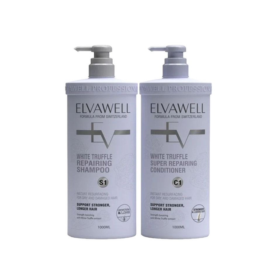 Cặp Dầu Gội Phục Hồi Hư Tổn Siêu Suôn Mượt Elvawell White Truffle Repairing Shampoo (1000ml+1000ml) - Duy Hoang