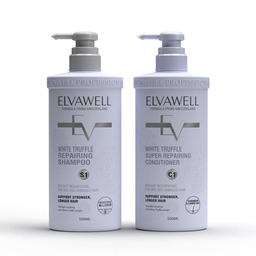 Cặp Dầu Gội Phục Hồi Hư Tổn Siêu Suôn Mượt Elvawell White Truffle Repairing Shampoo (500ml + 500ml) - Duy Hoang