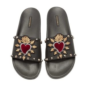 Dép Dolce & Gabbana Slippers In Rubber And Calfskin With Heart Patches Màu Đen Size 40 - Duy Hoang