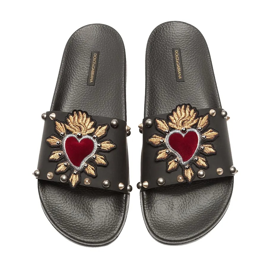 Dép Dolce & Gabbana Slippers In Rubber And Calfskin With Heart Patches Màu Đen Size 40 - Duy Hoang