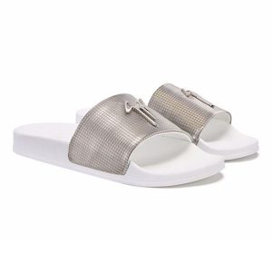 Dép Giuseppe Zanotti Brett Logo Plaque Slides Màu Trắng Bạc - Duy Hoang
