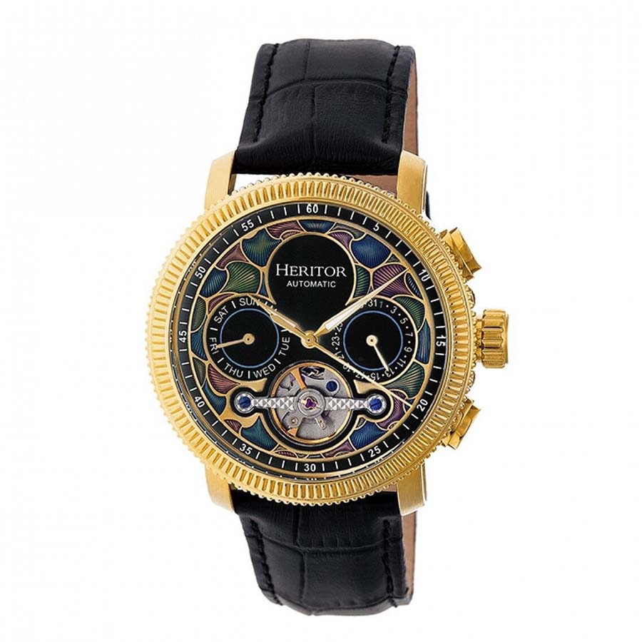 Đồng Hồ Nam Heritor Automatic Aura Men's Semi-Skeleton Black Leather Gold Watch HR3502 Màu Đen - Duy Hoang