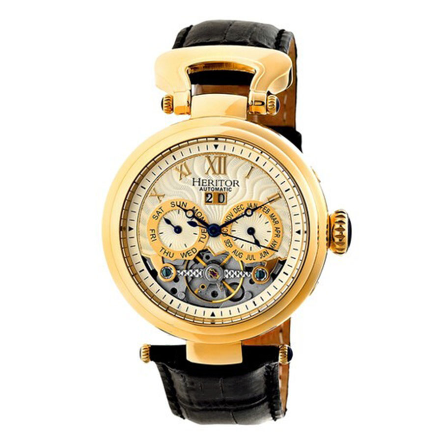 Đồng Hồ Nam Heritor Ganzi Automatic Multi-Function Brushed Dial Black Leather Men's Watch HR3303 Màu Vàng - Duy Hoang