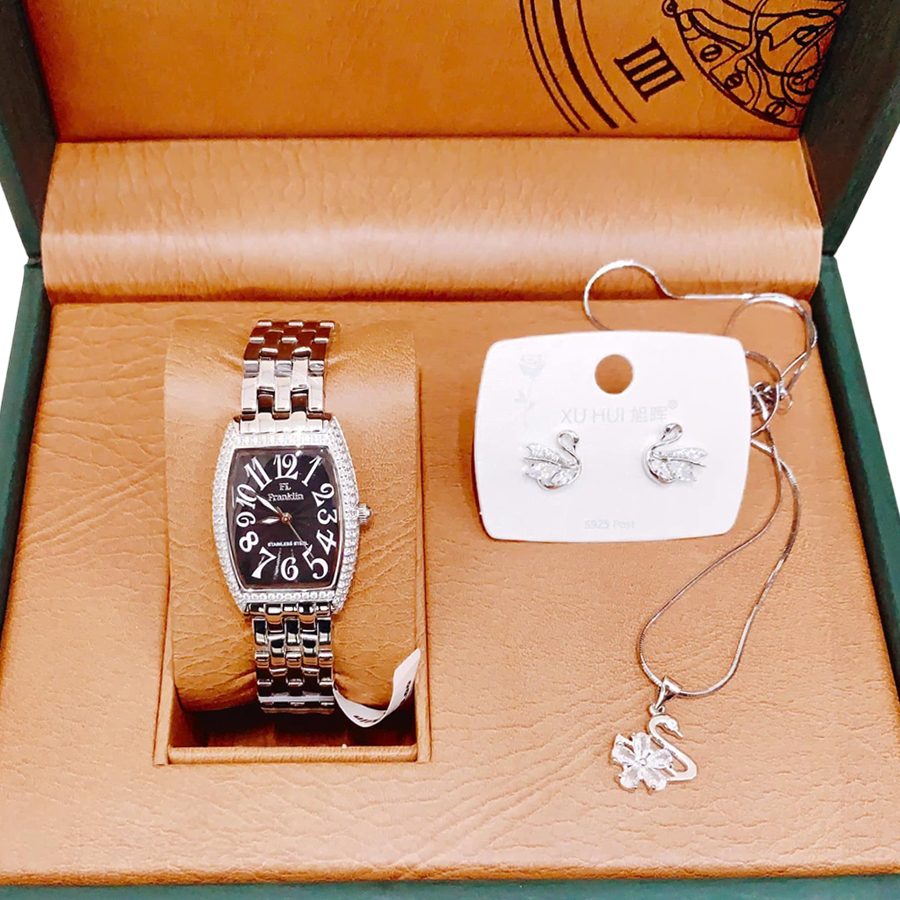 Đồng Hồ Nữ FL Franklin Quartz Watch FL24110 Màu Đen Bạc (Tặng Kèm Khuyên Tai + Dây Chuyền) - Duy Hoang