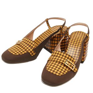 Giày Cao Gót Nữ Fendi Yellow/Brown Checkered Fabric Promenade Slingback Loafer Pumps Màu Nâu Vàng Size 36.5 - Duy Hoang