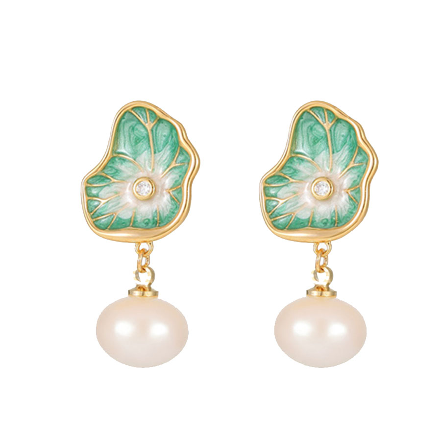 Khuyên Tai Nữ Jessica Pearl Lotus Leaf JE66 Màu Xanh Vàng - Duy Hoang