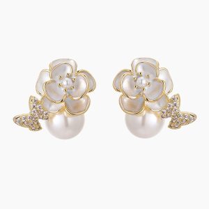 Khuyên Tai Nữ Jessica Pearl Tiny Camellia JE62 Màu Trắng Vàng - Duy Hoang
