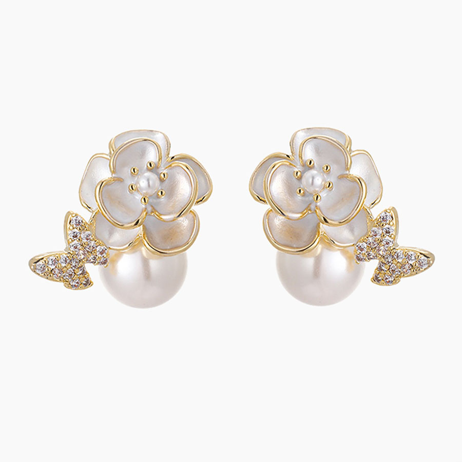 Khuyên Tai Nữ Jessica Pearl Tiny Camellia JE62 Màu Trắng Vàng - Duy Hoang