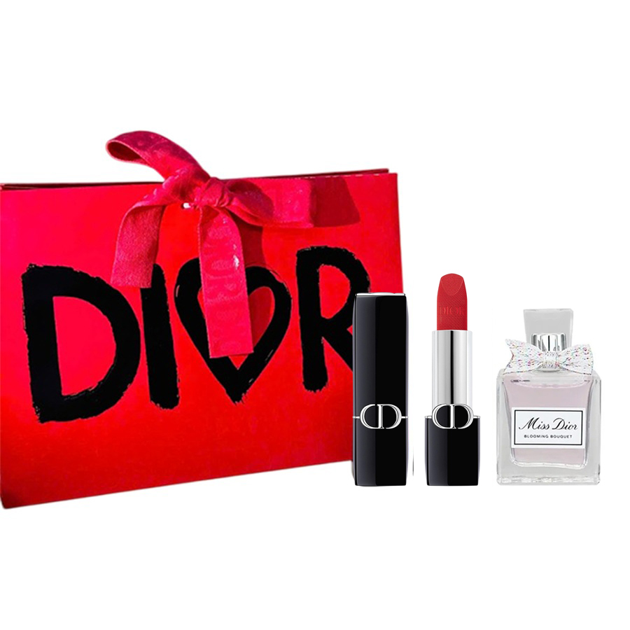 Set Dior 3 Món (Son Rouge Dior Velvet 764 Rouge Gipsy Màu Đỏ Hồng 3.5g + Nước Hoa Miss Dior Blooming Bouquet 5ml + Túi Giấy) - Duy Hoang