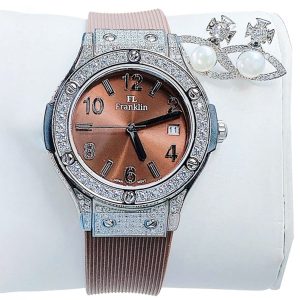 Set Đồng Hồ Nữ FL Franklin FL24610 Silver Đính Đá 35mm Màu Nâu Bạc (Tặng Kèm Khuyên Tai) - Duy Hoang