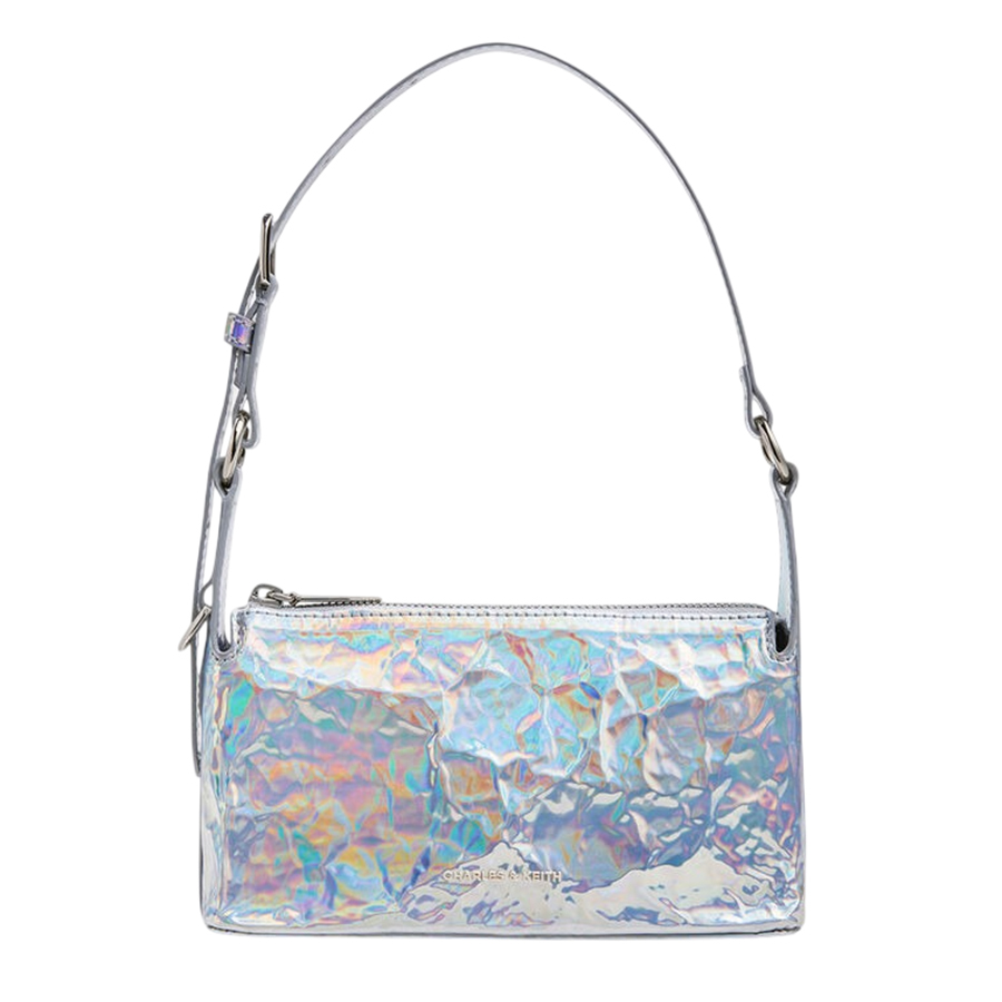 Túi Đeo Chéo Nữ Charles & Keith CNK Lark Patent Crinkle-Effect Crossbody Bag CK2-80160183 Prism Silver Màu Bạc - Duy Hoang