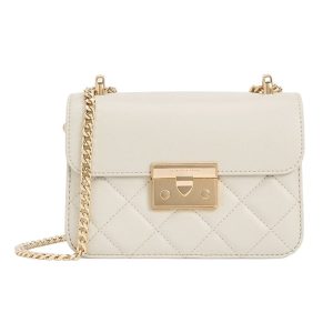 Túi Đeo Chéo Nữ Charles & Keith CNK Quilted Push-Lock Chain Handle Bag Ivory 80701360 Màu Kem - Duy Hoang